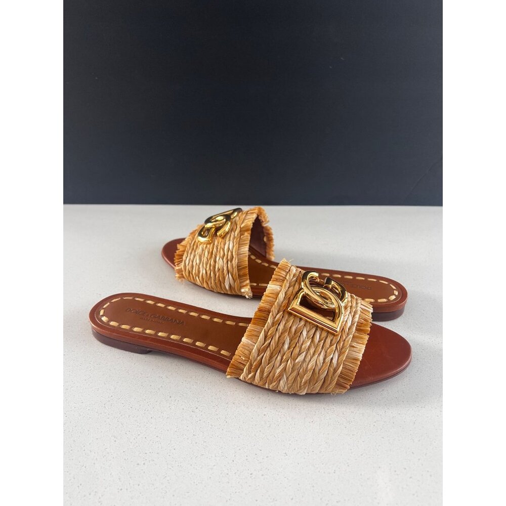 Dolce & Gabbana Logo beige raffia Woven Sandals slides size 40 NEW - Picture 11 of 13